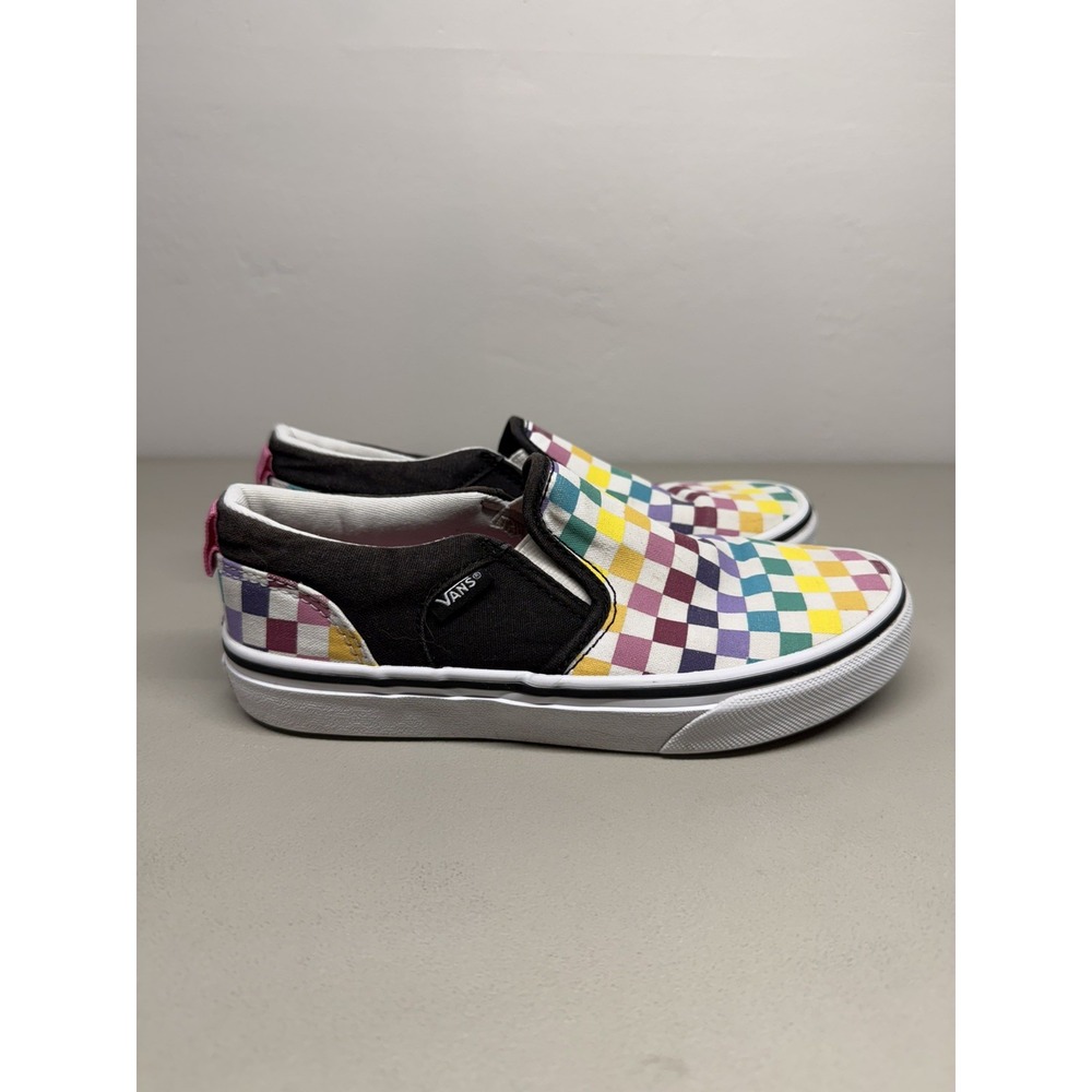 Vans Asher Women's Rainbow Black White Checkered Skate Shoes Slip On Size 3
